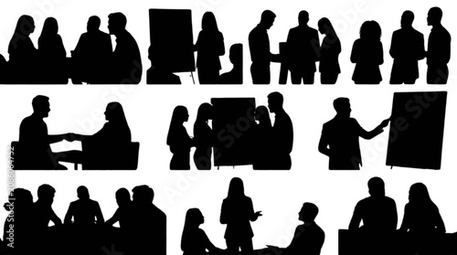 Silhouette illustrations of people in various meeting and presentation settings isolated on transparent background, Vector