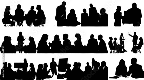 Silhouette of people sitting and standing in a modern auditorium isolated on transparent background, Vector