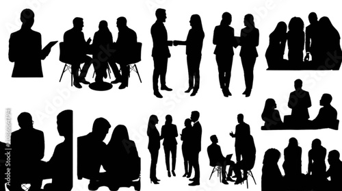 Silhouettes of people socializing and relaxing in casual group settings isolated on transparent background, Vector