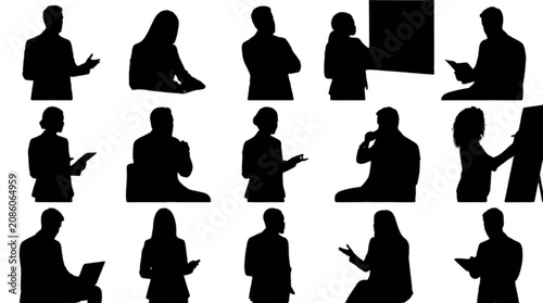 Silhouette people icons in various poses for presentation isolated on transparent background, Vector