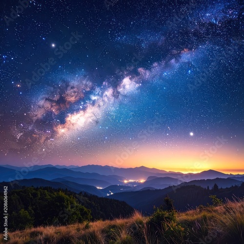 The Milky Way galaxy stretches across the twilight sky over silhouetted mountain ranges and a distant glowing town.