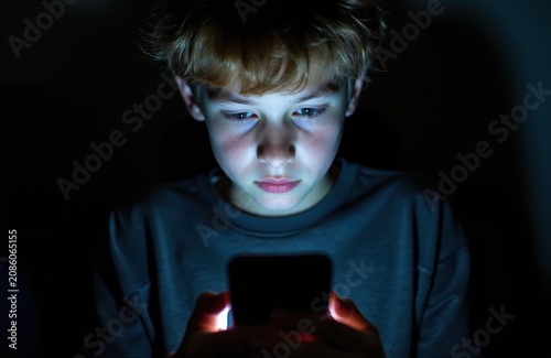 Teen boy with red hair looks at phone screen glowing in dark room. Boy uses mobile device at night, absorbed in online world. Addiction concept.