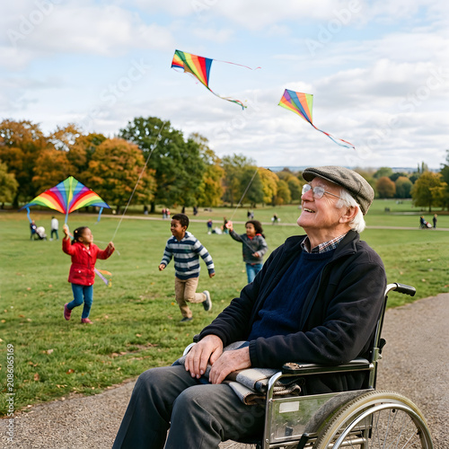 Elderly man flying kite in a park on a sunny day.