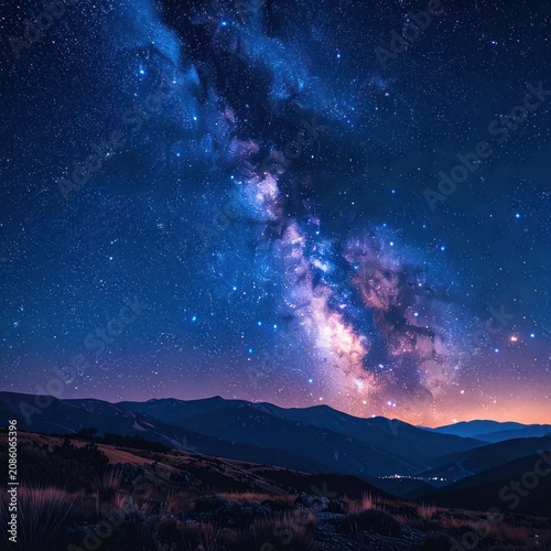 A breathtaking view of the Milky Way galaxy arching over a silhouetted mountain range under a starlit sky.