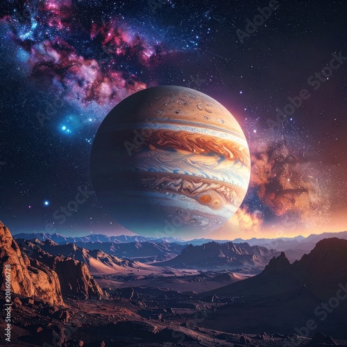 A majestic view of Jupiter looming over a desolate alien planet's rocky terrain.
