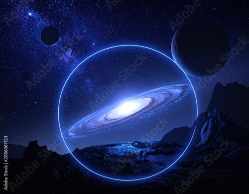 A surreal cosmic landscape features a glowing galaxy within a luminous blue circle, set against a backdrop of stars and alien planets.