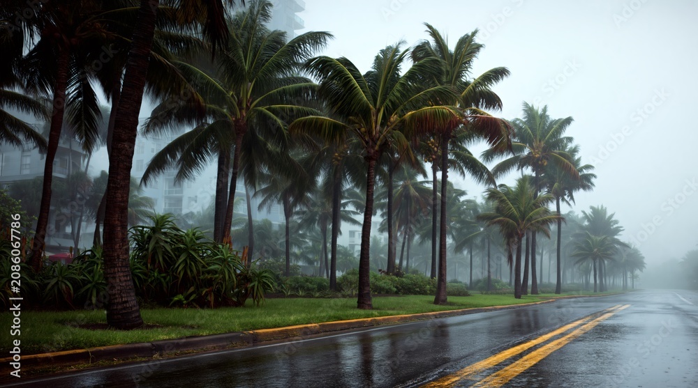 Fototapeta premium Wet asphalt road with double yellow lines on a foggy rainy day. Tropical palm trees in heavy mist and storm conditions. Empty street during bad weather