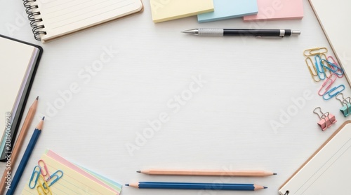 Stationery set arranged on white table with copy space. Office supplies for student or teacher. Education and back to school concept. School classroom desk with notebook and pencil, copy space
