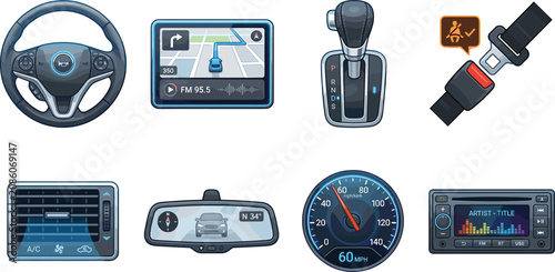 Car interior dashboard elements icon set with steering wheel gps navigator speedometer and seatbelt