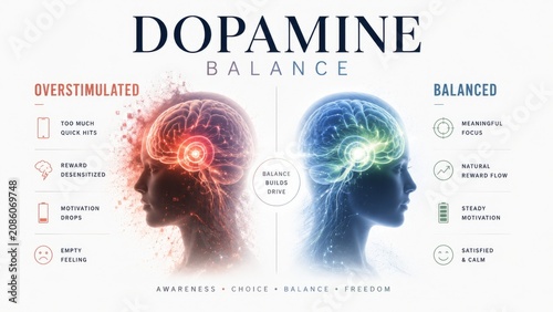 Dopamine balance infographic comparing overstimulated and balanced mindstates. Woman profiles showing brain activity and neural