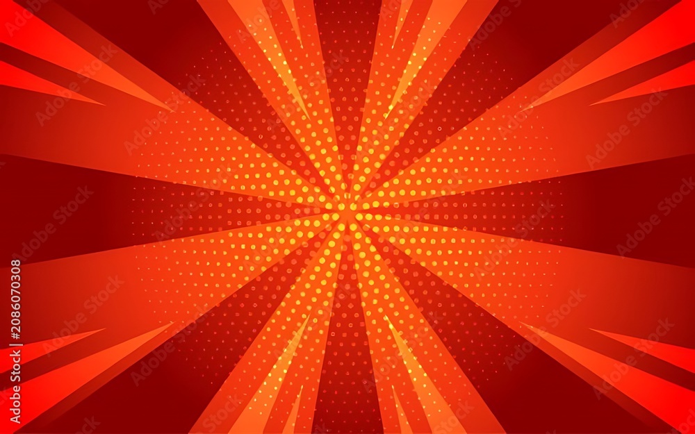 Fototapeta premium Comic book background with red explosion rays and yellow halftone dot pattern