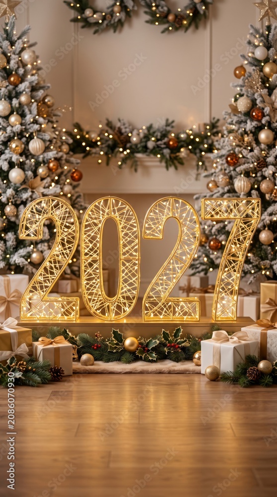 Obraz premium Glowing golden numbers 2027 standing in front of decorated Christmas trees with gift boxes. New Year celebration background concept for festive greeting card and winter holiday party. Vertical