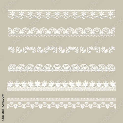 Elegant seamless lace border collection with floral ornamental details. Vintage decorative trim vector set for wedding invitations, textile design, frames, packaging and craft projects.