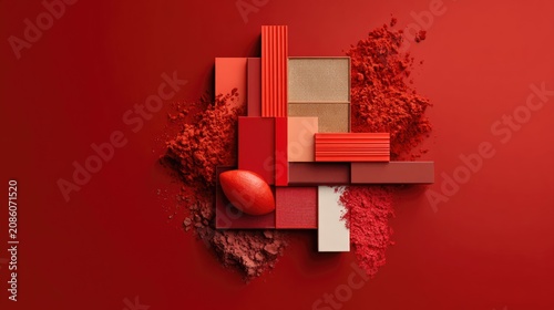 Colorful composition of red tones with various textures and shapes arranged artistically on a vibrant background