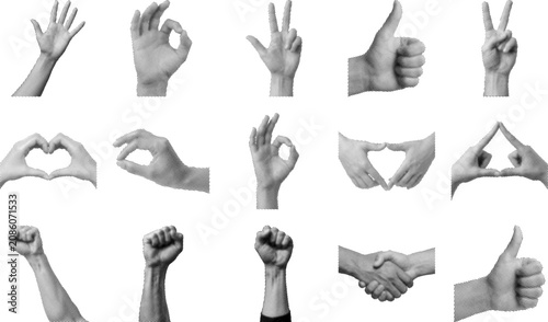 Fotografie Collection of various hand gestures and signs on white background