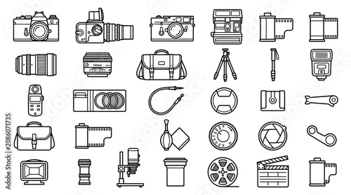 Tablou pe pânză Photography Equipment Icons: Cameras, Lenses, Tripod, Flash, Film, Accessories
