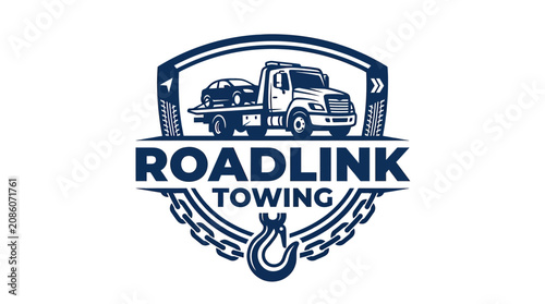 Photos Roadlink Towing Logo: Tow Truck Hauling Car with Chains and Hook
