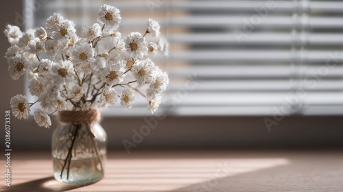 Close-up of a glass vase with white dried flowers on a wooden surface in sunlight