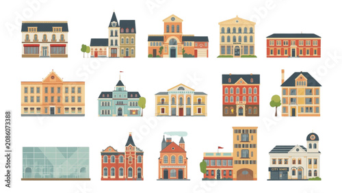 Tableau sur toile Colonial style building icons set featuring vintage European architecture facade