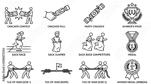 Cuadro en lienzo Party Games Icons: Cracker Contest, Sack Race, Tug of War, Prizes