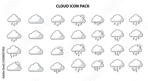 A comprehensive collection of weather-related cloud icons, featuring various conditions like rain, sun, and overcast skies, suitable for digital design and applications.