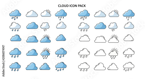A comprehensive cloud icon pack featuring various weather conditions like rain and sun, presented in both colored and outline styles.