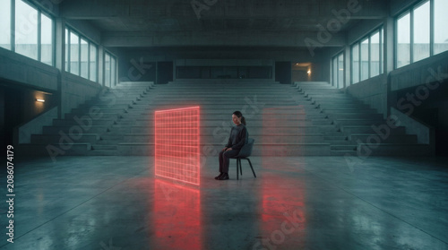 A spacious wide shot of an empty concrete corporate auditorium where a single candidate sits on a minimalist chair. A stark, cold neon-red vector scanning plane rises from the floor in front of them