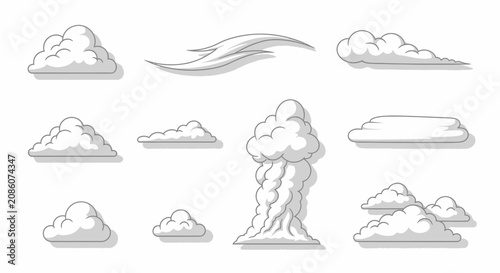 Set of various cartoon-style white clouds, smoke, and wind effects with shadows on a white background, illustrating different atmospheric elements for graphic design.
