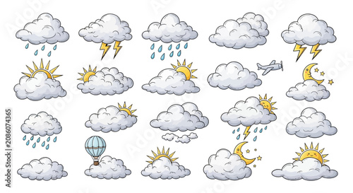 A comprehensive set of cartoon weather icons depicting various atmospheric conditions like sun, clouds, rain, lightning, moon, and air travel.
