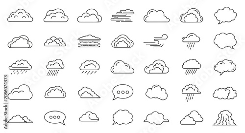 A comprehensive collection of outline cloud icons depicting various weather conditions, shapes, and speech bubbles, suitable for graphic design elements.