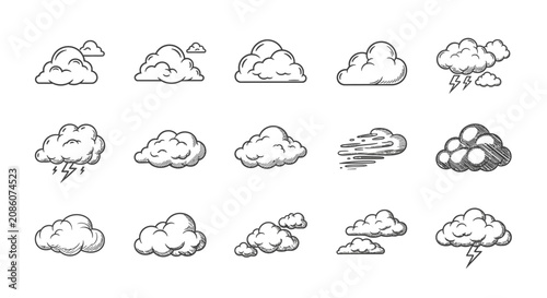 A collection of hand-drawn sketch icons depicting various cloud formations and weather conditions, including stormy clouds with lightning and windy clouds.