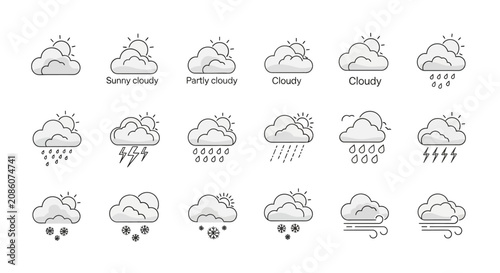 A comprehensive set of weather forecast icons depicting various atmospheric conditions like sun, clouds, rain, snow, storms, and wind.