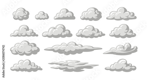 A collection of cartoon-style grey and white clouds in various shapes and sizes, isolated on a white background.