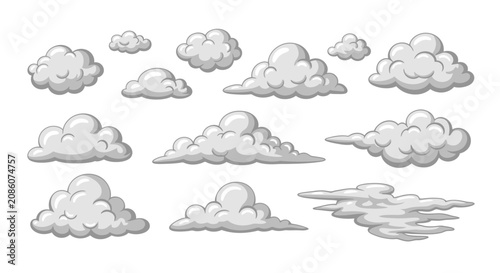 A collection of various cartoon-style grey and white clouds in different shapes and sizes, including fluffy cumulus and wispy cirrus formations.