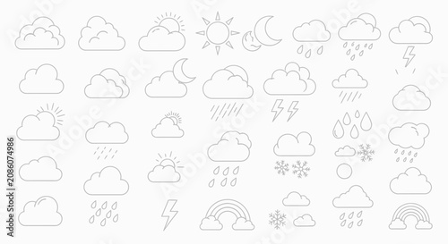 A comprehensive collection of outline weather icons depicting various atmospheric conditions and phenomena for graphic design.