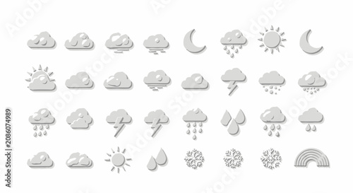 A comprehensive set of weather forecast icons depicting various atmospheric conditions like sun, moon, clouds, rain, snow, and lightning.
