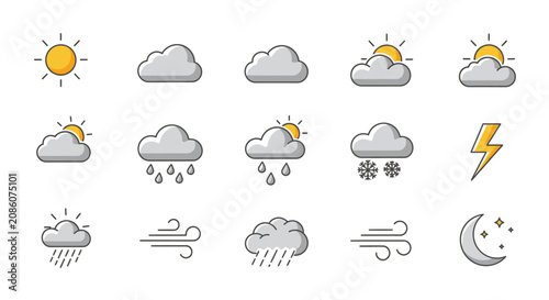 A collection of weather icons depicting various meteorological conditions, including sun, clouds, rain, snow, wind, lightning, and a crescent moon with stars.
