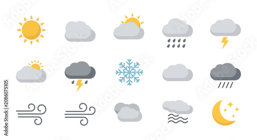 A collection of weather icons representing various atmospheric conditions including sun, clouds, rain, snow, lightning, wind, and night sky.