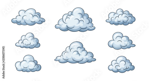 A collection of nine fluffy, cartoon-style clouds rendered in shades of blue and white against a stark white background.
