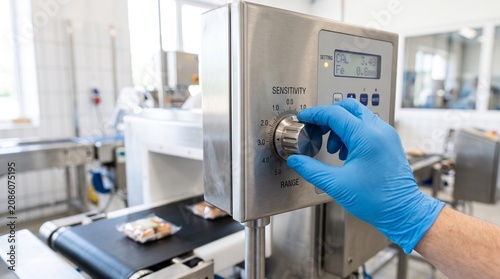 Gloved hand adjusting sensitivity knob on industrial food metal detector