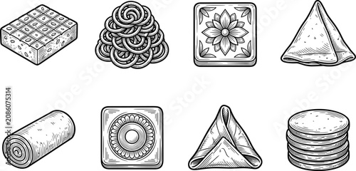 Tableau sur toile Vintage traditional pastry sketch collection, engraved dessert and snack illustr