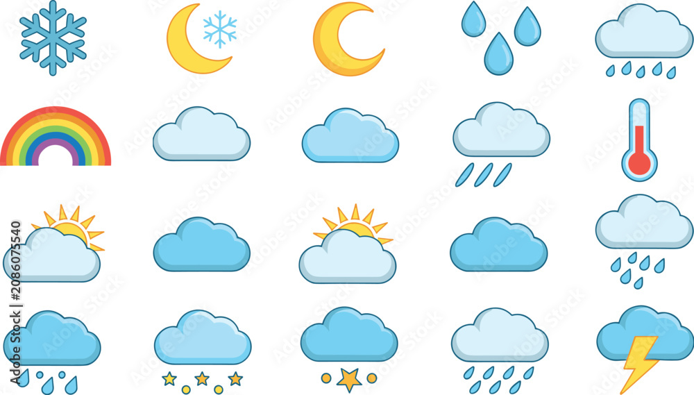 Naklejka premium Weather forecast icons collection featuring clouds rain rainbow moon sun and climate symbols for application design