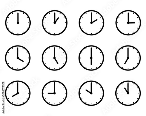 Tableau sur toile 0時から11時までを示したアナログ時計が揃ったイラスト素材セット