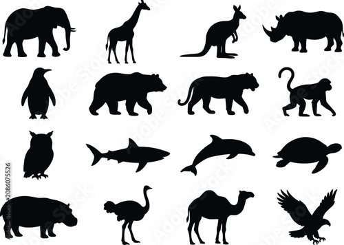 Canvas Print Wild animal silhouette collection featuring elephant, giraffe, kangaroo, bear, d