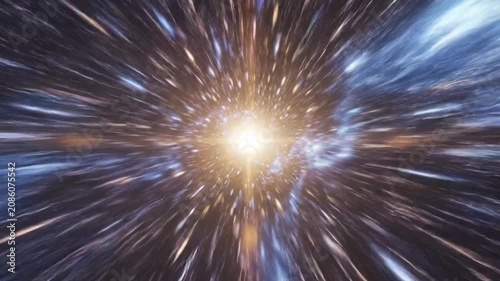 Abstract hyperspace warp speed tunnel with glowing stars.