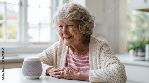 Senior woman smiling while using smart speaker at home