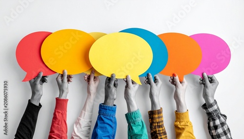 Diverse voices - Hands holding colorful speech bubbles expressing opinions.