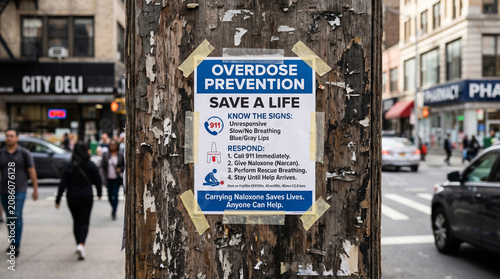 Overdose prevention poster taped to wooden pole on city street
