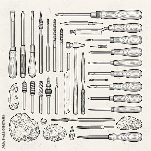 Assortment of kitchen knives and cutting tools on display.