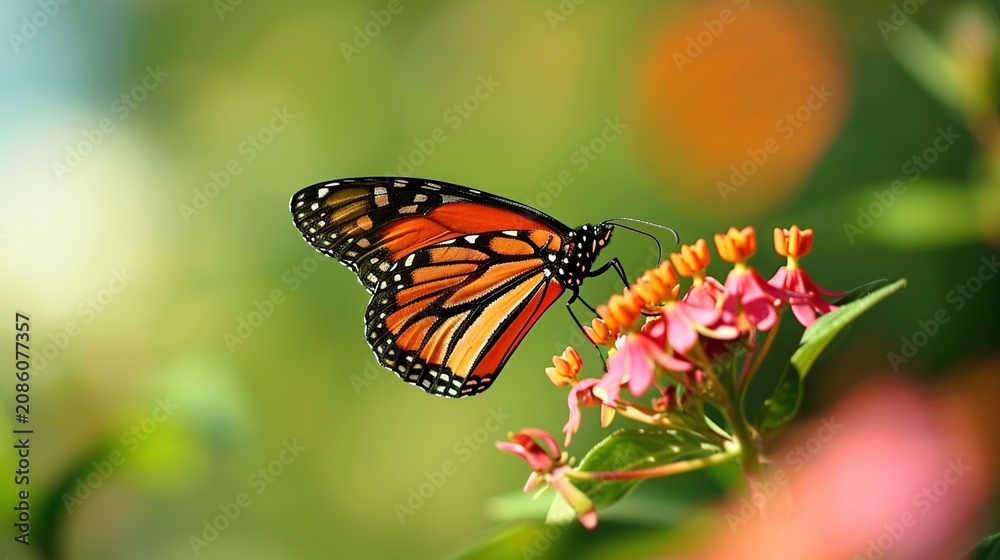 Obraz premium Close-Up Portrait of a Monarch Butterfly Delicately Resting on Bright Pink Flowers in Sunlit Garden